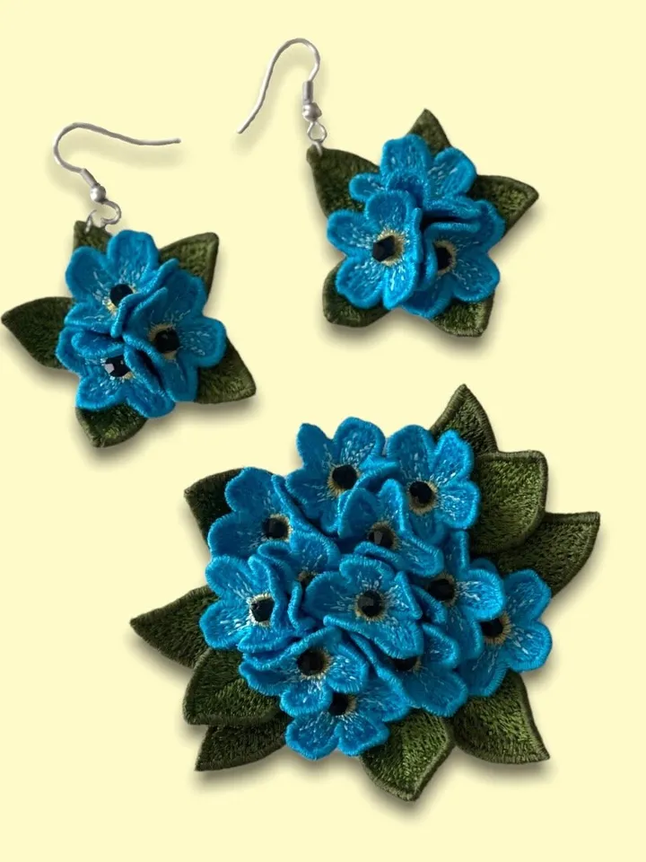 Machine embroidery design Brooch and Earrings FSL Forget-me-nots set for creating jewelry Digital embroidery pattern Flower motif Floral
