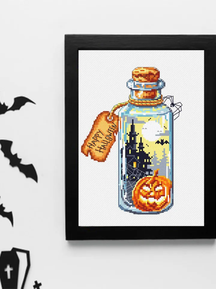 Halloween bottle cross stitch pattern download PDF Horror pumpkin xstitch chart Happy Halloween embroidery Spooky castle digital pdf #H29
