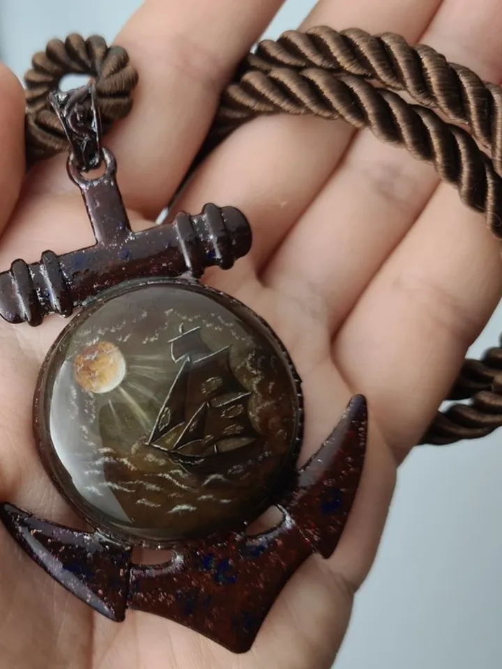 The ship and the moon Labradorite gemstone pendant Miniature painting Necklace