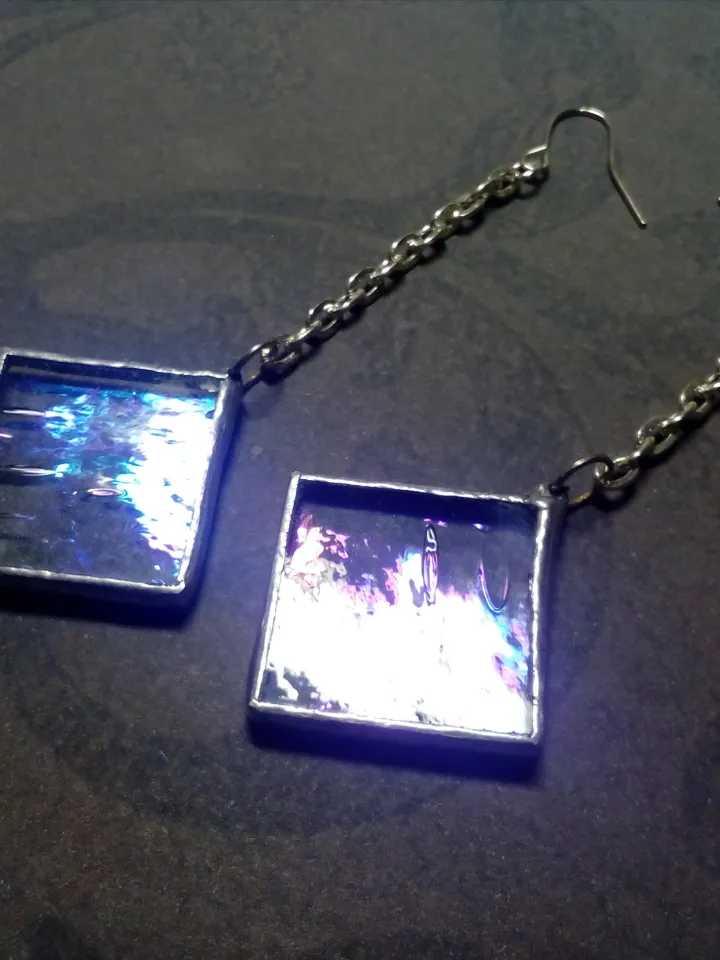 Iridescent stained glass, clear earrings, cute squar earrings, dichroic earrings, duochrome earrings