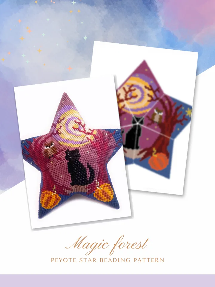 Magic Forest 3D Peyote Star Beading Pattern, Black Cat Halloween Beaded Star PDF Pattern, Seed Bead Ornament
