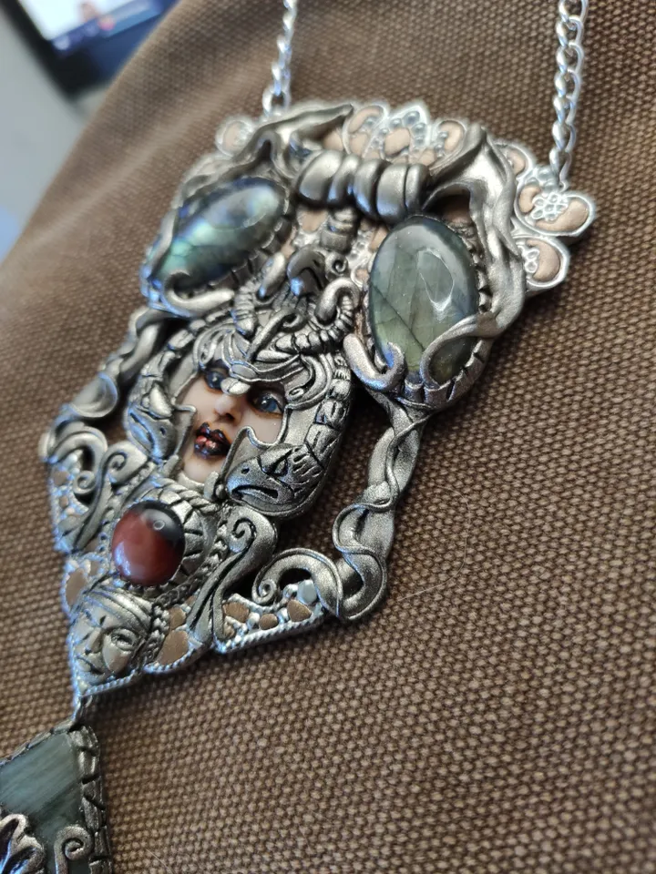 Necklace Goddess Hera, Art Nouveau style, with natural Labradorites and red agat