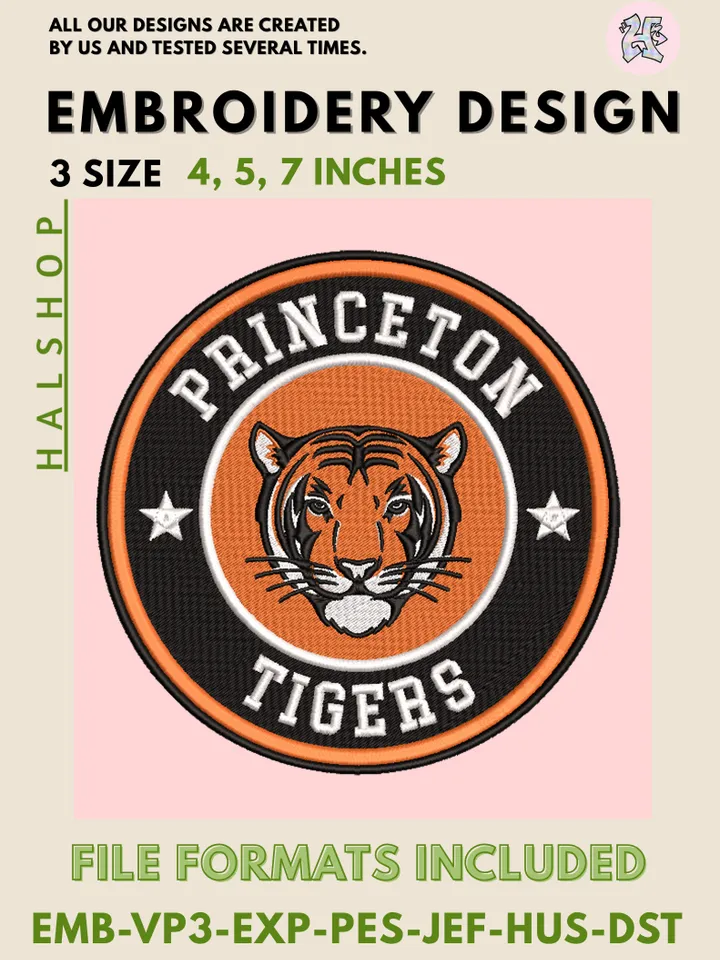 Princeton Tigers NCAA Team Mascot Logo Embroidery Design Files – Classic College Pattern, 3 Sizes Machine Embroidery, Instant Digital Download