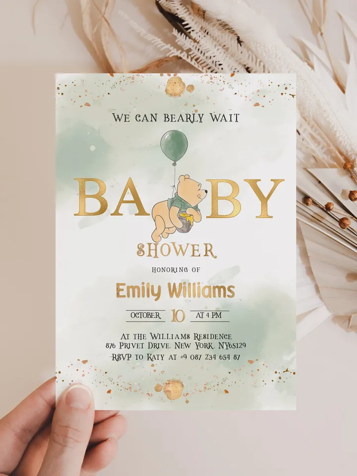 Classic Winnie Pooh Baby Shower Invitation Set; Neutral Baby Shower Template; Wizard Baby Shower Invite; Honey Bear Invite; Winnie Pooh wp9