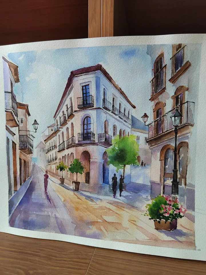 Urbanscape Artwork Original Watercolor Painting 10.63x11.42 in by Art Café