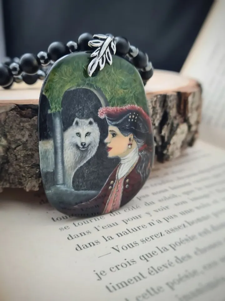 Girl with a white wolf necklace Miniature on agate Hematite and shungite beads