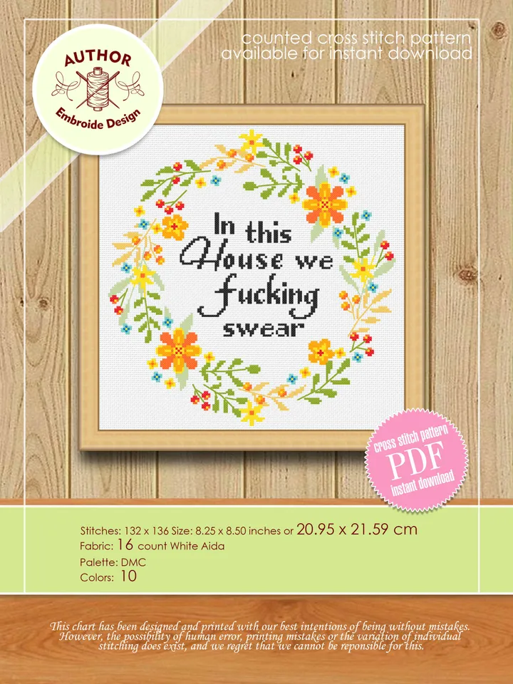 Framed quote cross stitch pattern Flower wreath cross stitch Instant download PDF, Floral frame design, In this house we fucking swear #Q24