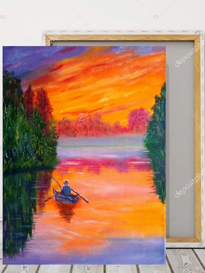 Oil painting, Fishing, Sunset on the river, fog on the river, canvas 30x40 cm