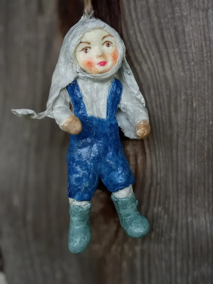 One-of-a-Kind Bunny Boy Doll - Handcrafted Ornament for Tree or Room Decor Art doll. Christmas tree toy. Holiday's gifts