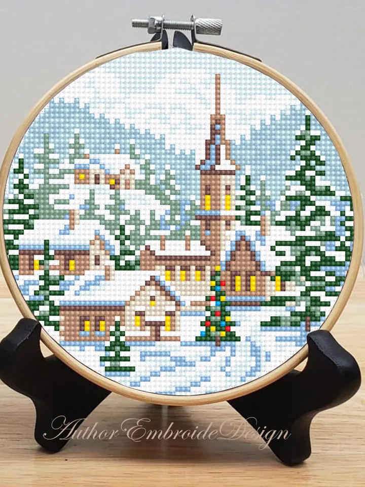 Christmas village cross stitch pattern PDF download Winter landscape cross stitch, Christmas pattern digital PDF, Small snow landscape #N170