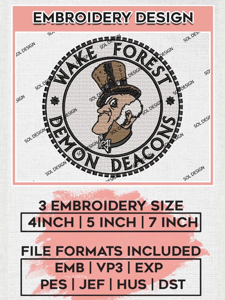 NCAA Wake Forest Demon Deacons College Team Round Logo Embroidery Design Files, NCAA Wake Forest Demon Deacons Machine Embroidery, NCAA Teams, 3 sizes, NCAA Machine embroidery designs, Digital Download