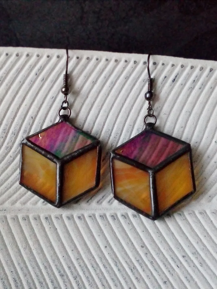 Cube hexagon geometric simple stained glass earrrings, honeycomb Iridescent earrings