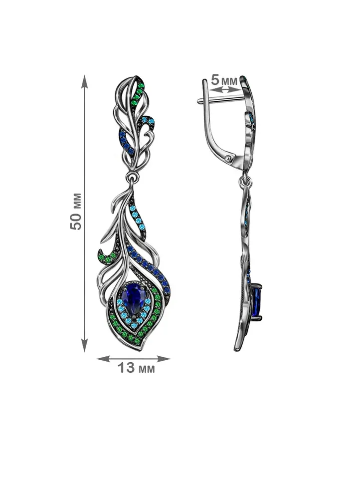 Women's earrings 925 silver peacock feathers with blue and green cubic zirconia, bird of happiness