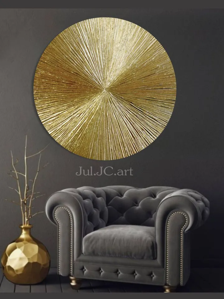 Golden Rays Abstract Wall Art Textured Original Painting on a round canvas | Gold Metallic Modern wall decor Gold Leaf Art