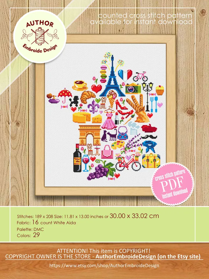 France map cross stitch pattern PDF download French sampler cross stitch chart, France pattern digital PDF, Paris cross stitch #E7
