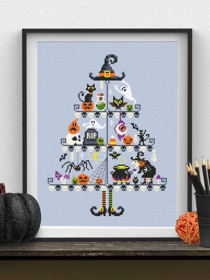 Halloween Christmas tree cross stitch pattern PDF download Witch cross stitch chart, Halloween pattern digital PDF Scary Christmas gift #H70