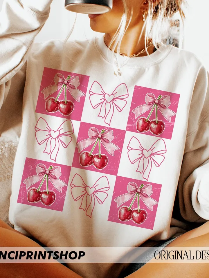 Checkered Cherry coquette png, Cherry Png, Trendy Valentines png, Pink Bow png, pink valentine coquette png, valentine png, retro valentine