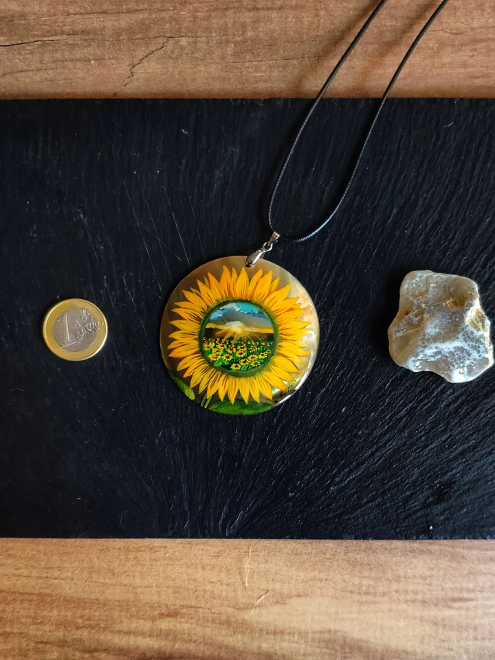 Pearl pendant necklace: Sunflower is a mirror of Life • Gorgeous hand painted floral pendant made on shell • Significant handmade jewelry