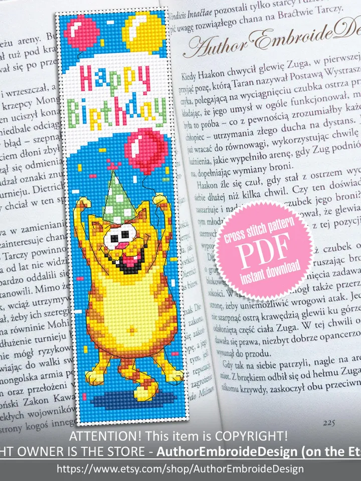 Birthday bookmark cross stitch pattern PDF download Funny cat cross stitch chart, Cat bookmark pattern digital PDF, Happy birthday #B458