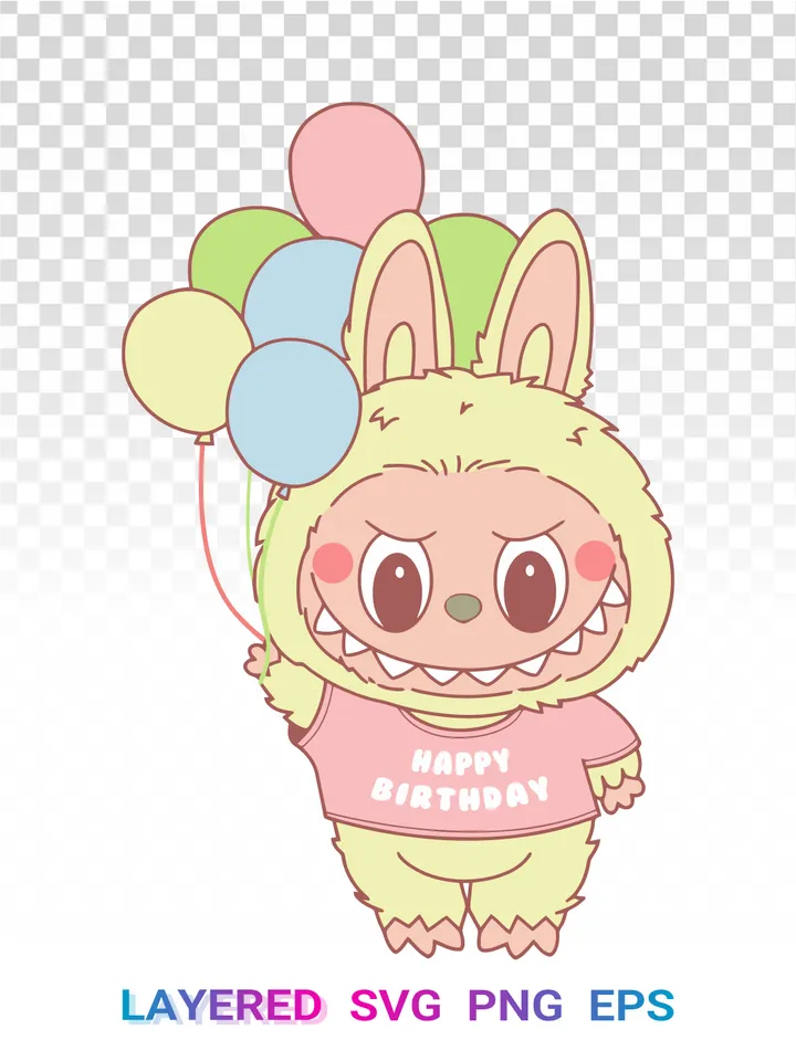 Labubu Balloons PNG SVG, Happy Birthday Kawaii Clipart