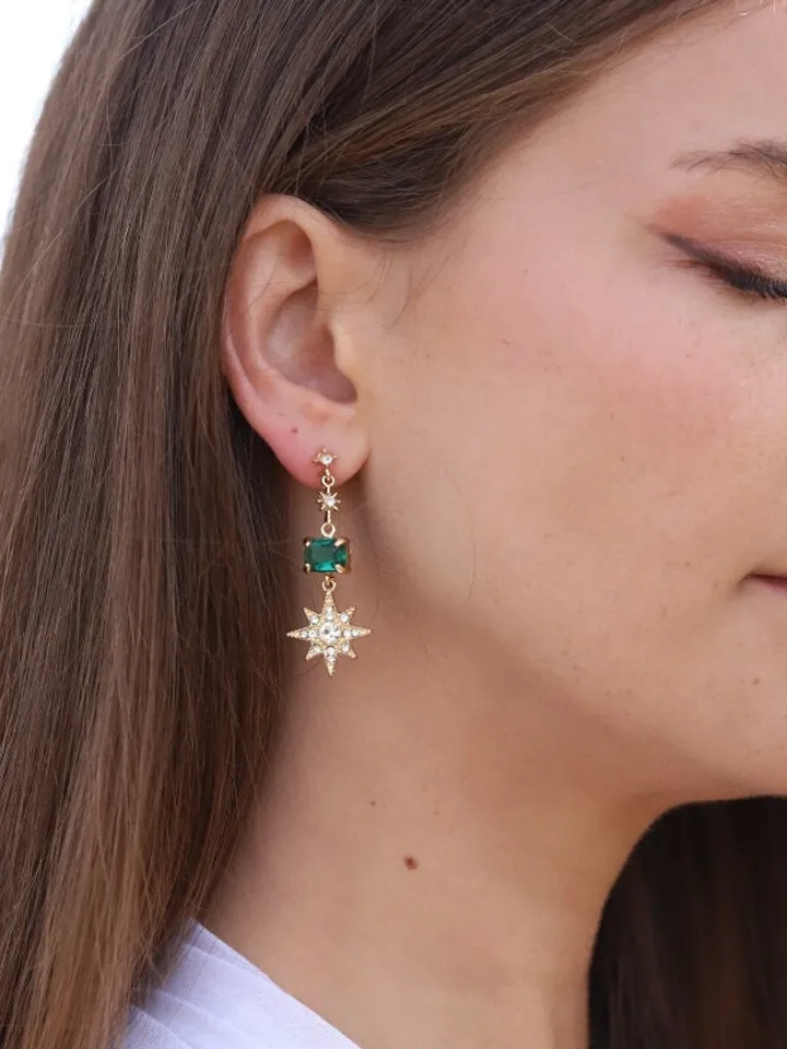 Emerald Gold Star Wedding Earrings, Moon Celestial Bridal Earrings, Boho Wedding Earrings, Statement Earrings, Wedding Jewelry