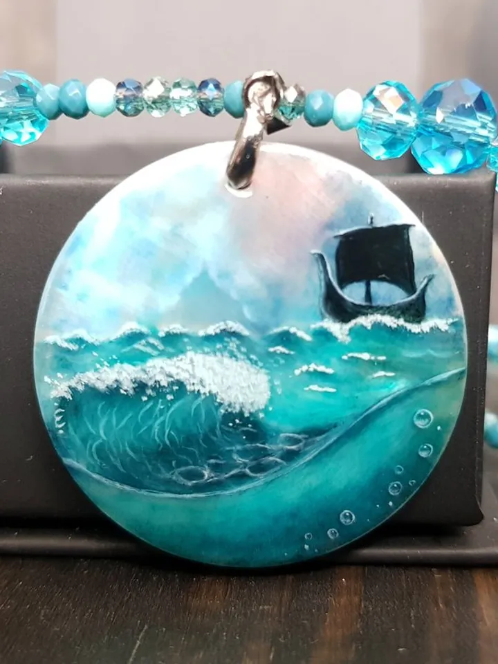 Wave necklace with viking ship, sea wave miniature painting on pearl pendant