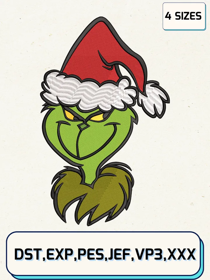 Grinch With Santa Hat Embroidery Design Files,Christmas Embroidery Designs,Machine Embroidery Files,4 Sizes