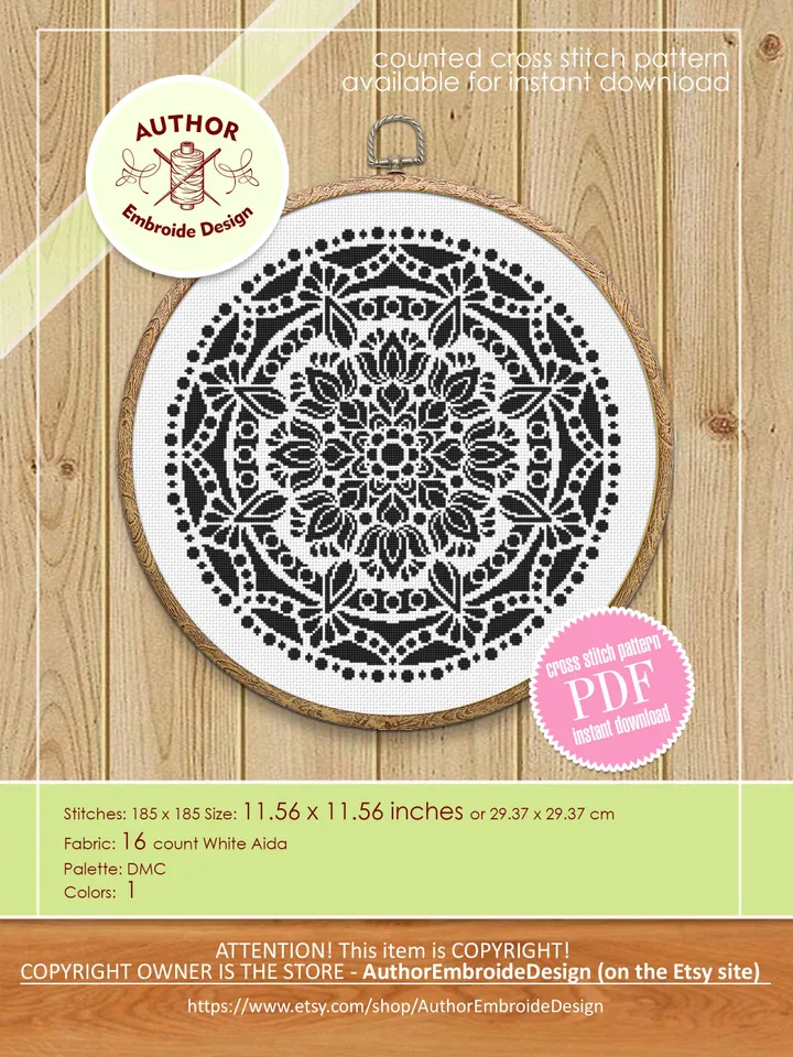 Black mandala cross stitch pattern PDF instant download Mandala ornament cross stitch chart, Monochrome mandala pattern digital PDF #M281