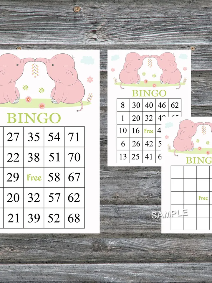 Pink Elephant bingo cards,Baby Elephant bingo game,Elephant printable bingo cards,60 Bingo Cards,INSTANT DOWNLOAD--194