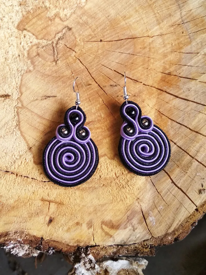 Black and purple Earrings, Embroidered soutache earrings, Boho earrings