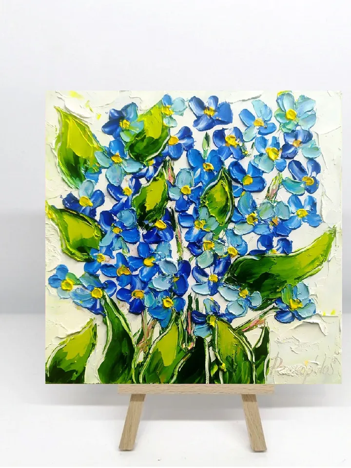 Forget-Me-Not Painting Floral Original Art 6x6 Impasto Oil Painting Small Art Flower Violet Painting by ArtProkopaloSv