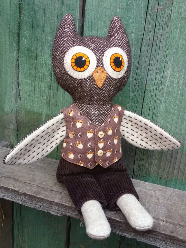 Owl boy, textile plush doll, handmade wool owl, stuffed bird toy