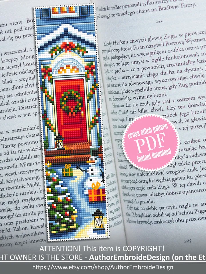 Christmas bookmark cross stitch pattern download PDF Christmas house cross stitch chart, Holiday handmade bookmark, Red door embroidery #B91