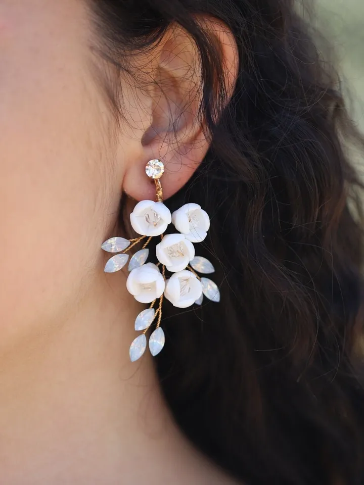 Boho Wedding Earrings, Delicate Porcelain Flower Bridal Earrings, Statement Jewelry Set, Floral Bridal Earrings, Opal Chandelier Earrings