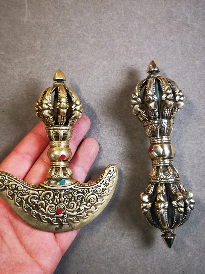 Gandhanra Antique Tibetan Trantic Practitioner Ritual Implements,Nine Pronged Vajra & Kartika(knife of the dakinis), Made of Brass