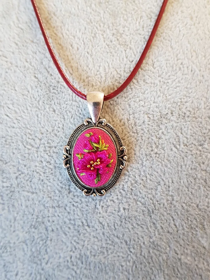 Hand embroidery pendant for her, 4th wedding anniversary gift, embroidered jewelry, custom embroidery necklace, art 34