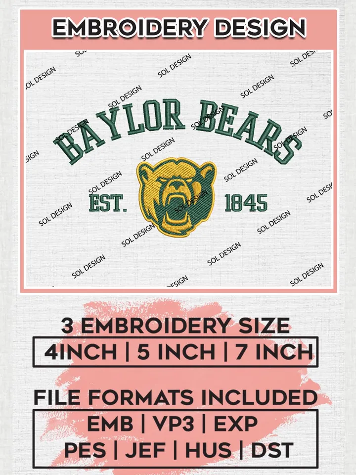Baylor Bears Est 1845 Logo Embroidery Designs, NCAA Baylor Bears Team Embroidery, NCAA Team Logo, 3 sizes, Machine embroidery Files, Digital Download