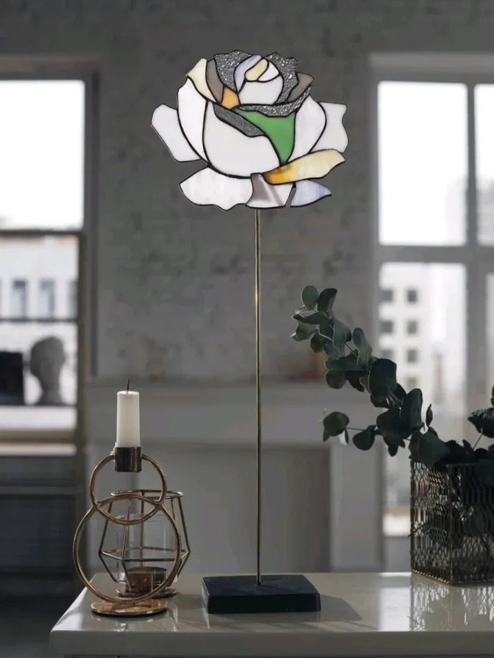 White Rose on Stand, Stained glass on stands, Tiffany Stained Glass, White Rose Stained Glass Sculpture, Stained Glass Rose on a Stand, White Rose Glass Flower, Handmade Glass Rose Art, White Rose on Brass and Stone Base, Elegant Rose in Art Glass