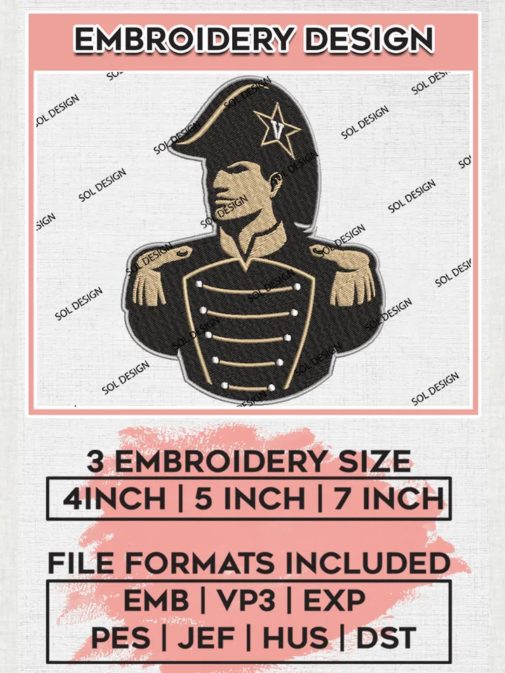Vanderbilt Commodores Team Mascot Logo Embroidery Design Files, NCAA Vanderbilt Commodores Machine Embroidery, NCAA Teams, 3 sizes, NCAA Machine embroidery designs, Digital Download