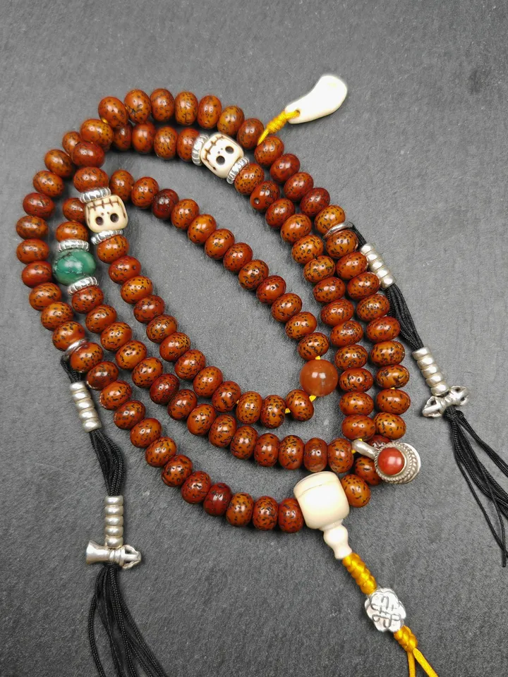 Gandhanra Authentic Tibetan Rosary, Old 7.8mm 108 Lotus Seed Mala Necklace - Handcrafted Tibetan Prayer Beads with Unique Mix of Treasures
