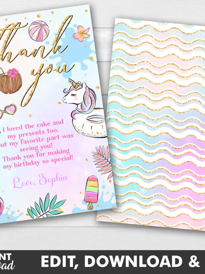 Pool Party Thank you Card , Pool Party Unicorn Thank you Card Instant Download, Swimming Note Card, Editable Template