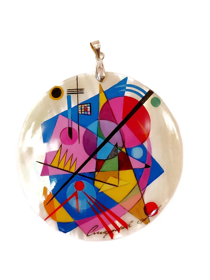 Mother-of-pearl Russian hand-painted necklace pendant. Jewelry. Abstraction. Kandinsky. Hand paint mother of pearl necklace.