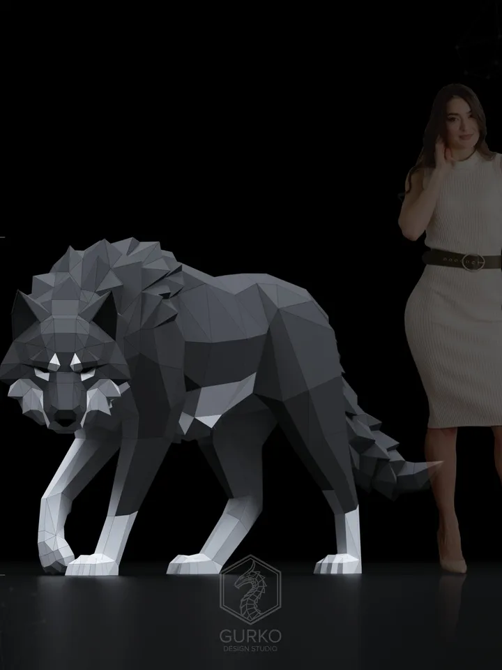 Crouching Wolf Papercraft, Digital Template, PDF Download, Gurko, 3D Low Poly, Pepakura, Origami Sculpture, Paper Party Decoration, DIY Gift