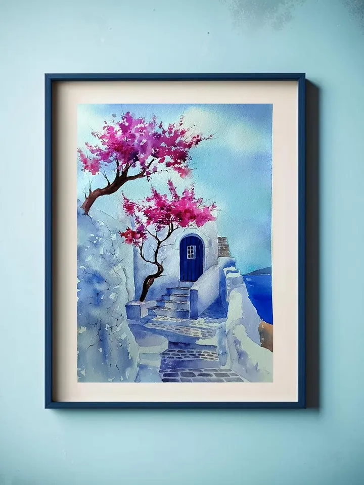 Santorini Painting Original Watercolor Art 11.81x15.74 in by ArtCafe