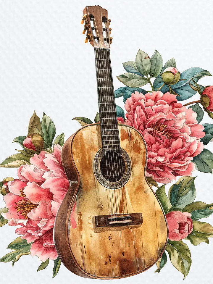 10 Vintage Floral Guitar Clipart, Printable Watercolor clipart, High Quality JPGs, Digital download, Paper craft, junk journals