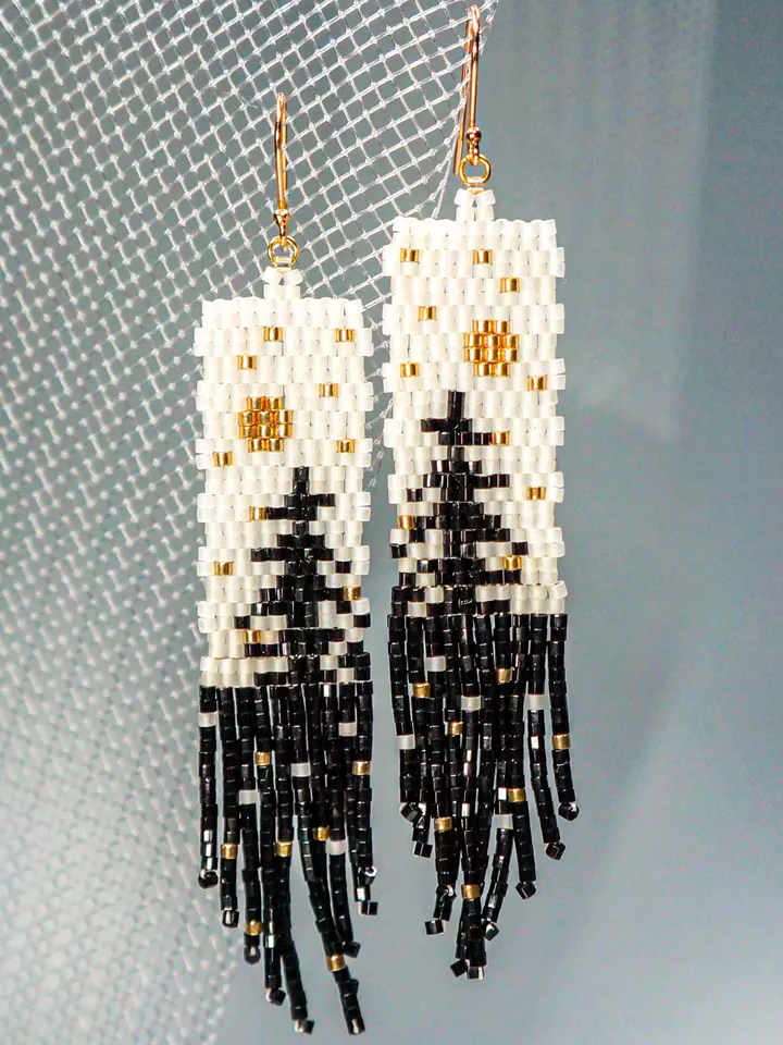 Trees-Patterned shiny black pine Japanese Bead and sterling Silver Earrings A Fusion of Elegance and Nature