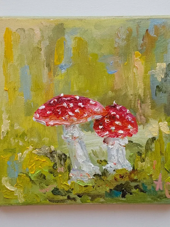 Oil painting on canvas "Mushrooms in the forest" 20x20cm (8x8inch)