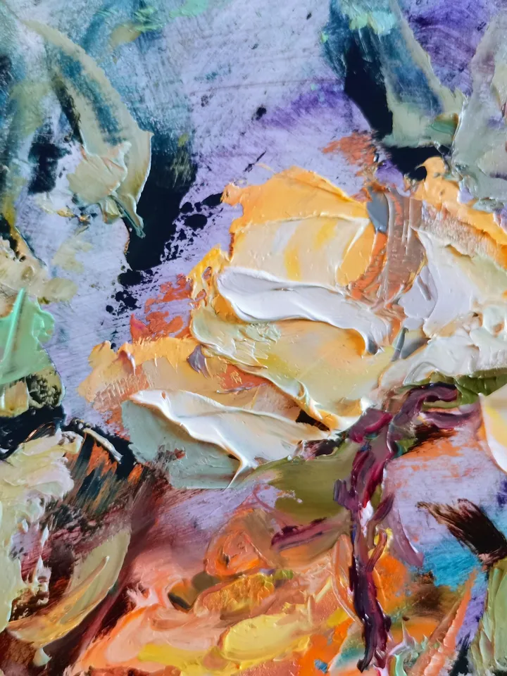 Yellow Roses Flower Bouquet Oil Painting Impasto Original Artist Svinar Oksana