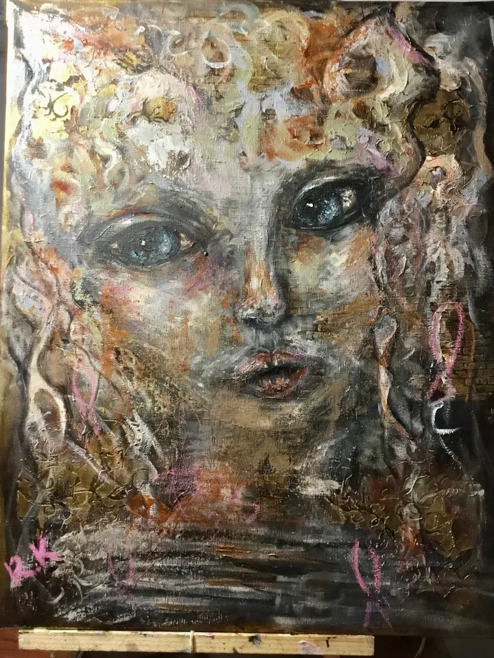 Fantasy woman-cat original acrylic mix media painting on canvas,one of a kind.