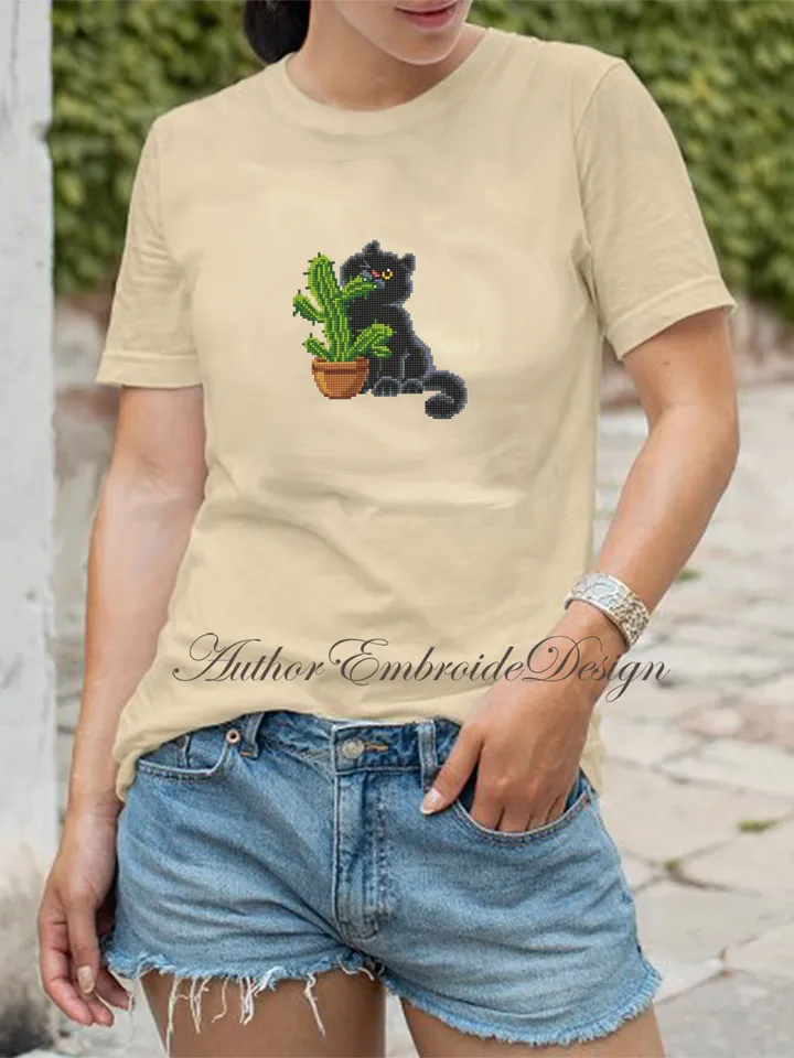 Black cat and cactus cross stitch pattern PDF download Funny cat cross stitch chart, Cactus pattern digital PDF, Plant lover gift #K47